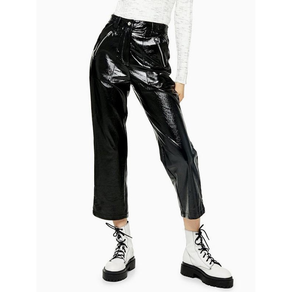 Topshop Lily Straight Leg Faux Leather Black Trousers Womens Small 4